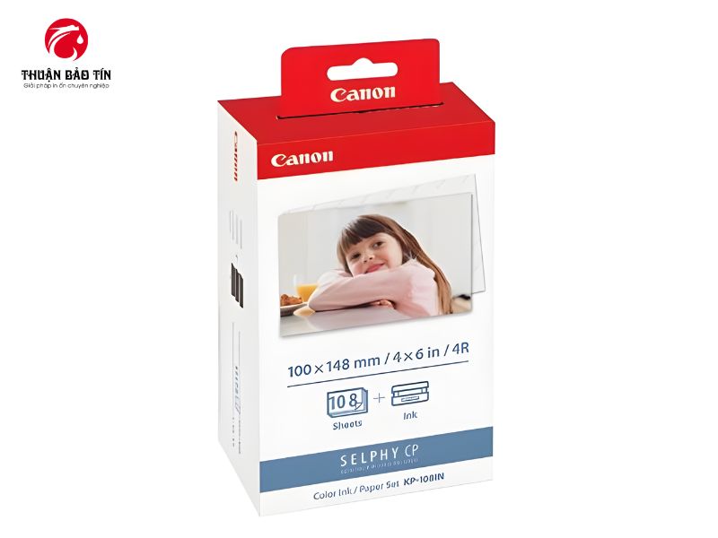 Hộp giấy in ảnh Canon KP108 chính hãng gồm 108 tờ giấy và 3 cuộn mực ribbon.