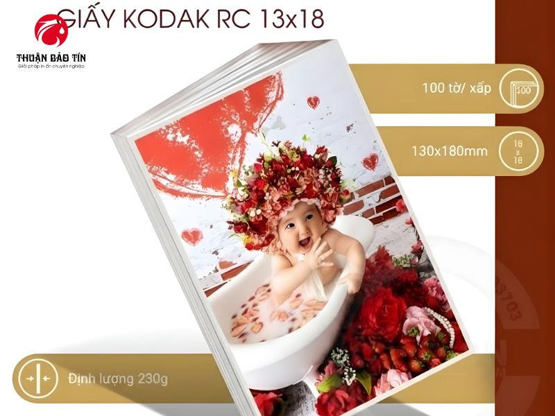Giấy in ảnh Kodak khổ 13x18 chính hãng 100 tờ/xấp, bề mặt bóng cao cấp cho màu sắc rực rỡ.