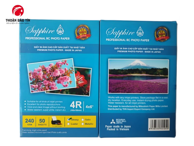 Giấy in ảnh Sapphire 10×15 chính hãng với bề mặt bóng cho hình ảnh sắc nét và chuyên nghiệp.