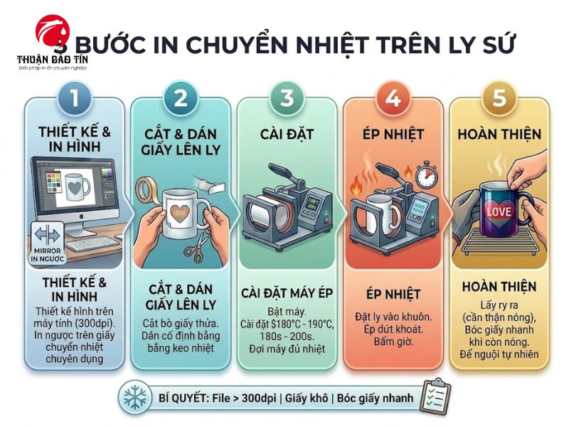 Quy trình ép nhiệt tạo ra sản phẩm ly sứ in chuyển nhiệt có độ bền cao và hình ảnh chân thực.