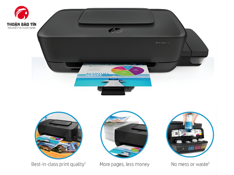 Bình mực lớn giúp in nhiều trang với chi phí thấp trên HP Ink Tank 115.